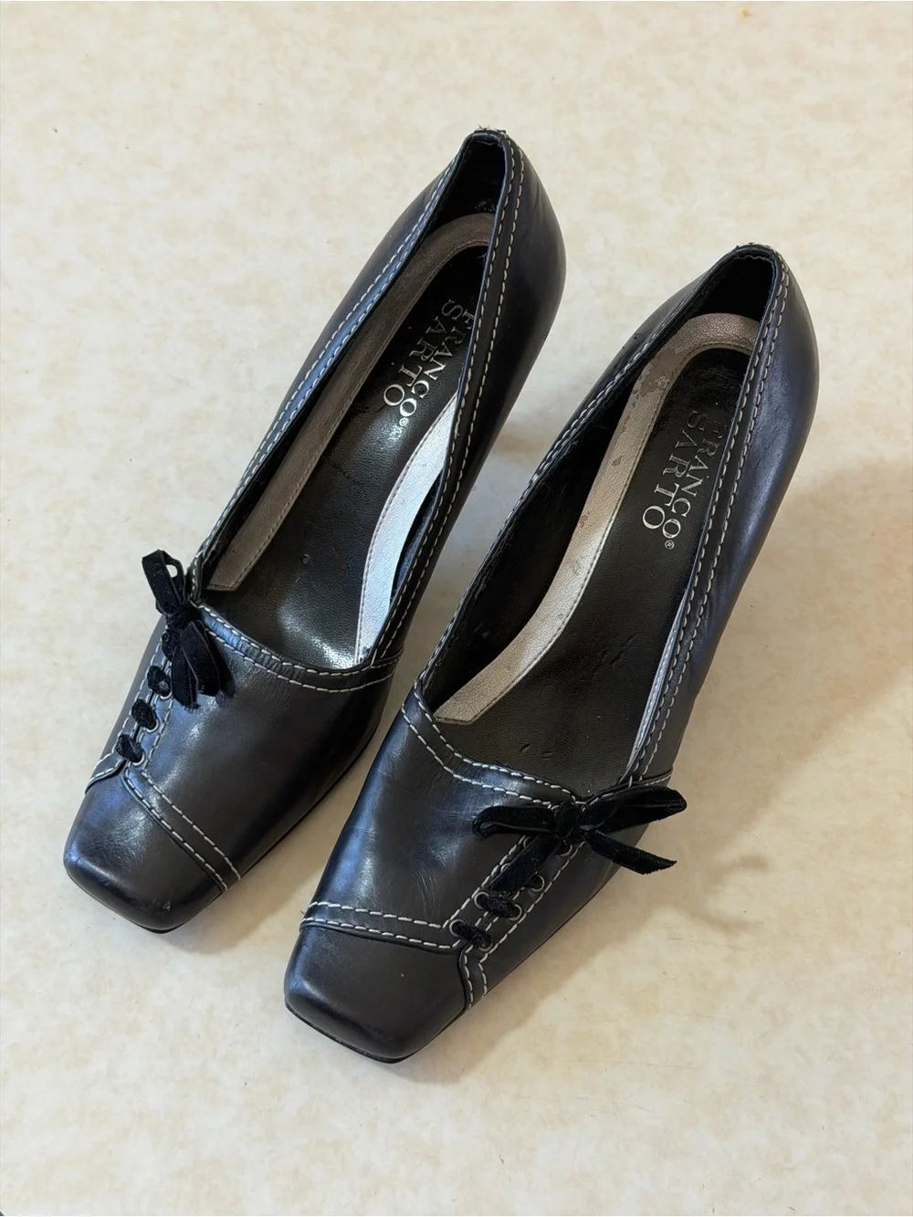 Franco Sarto Black Leather Square-Toe Pump with Bow